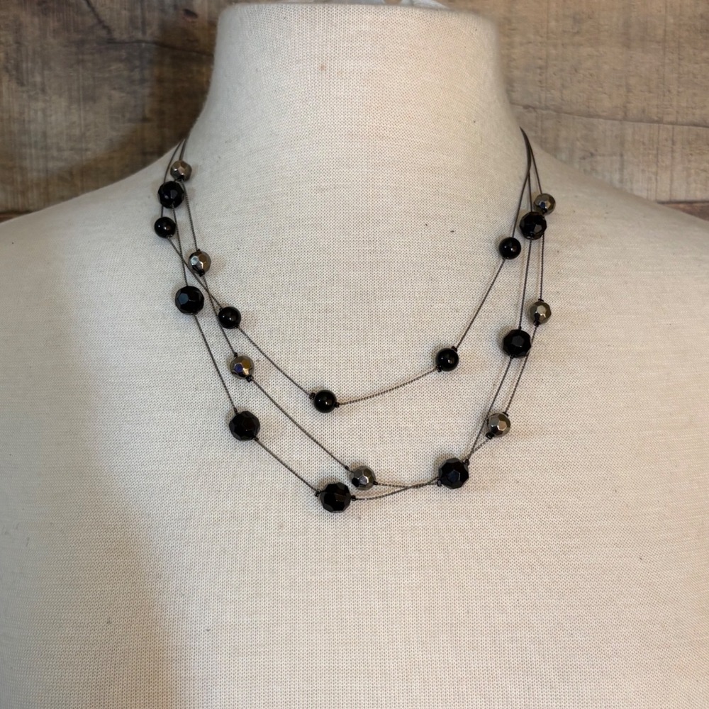 Gunmetal Multi Strand Layered Necklace Black Faceted Beads Adjustable